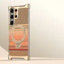 Dteck - Ultra Slim Frameless Magnetic Case for Samsung Galaxy S24 Ultra with Aluminum Ring Stand, Metal Shockproof Hard PC Cover - Orange