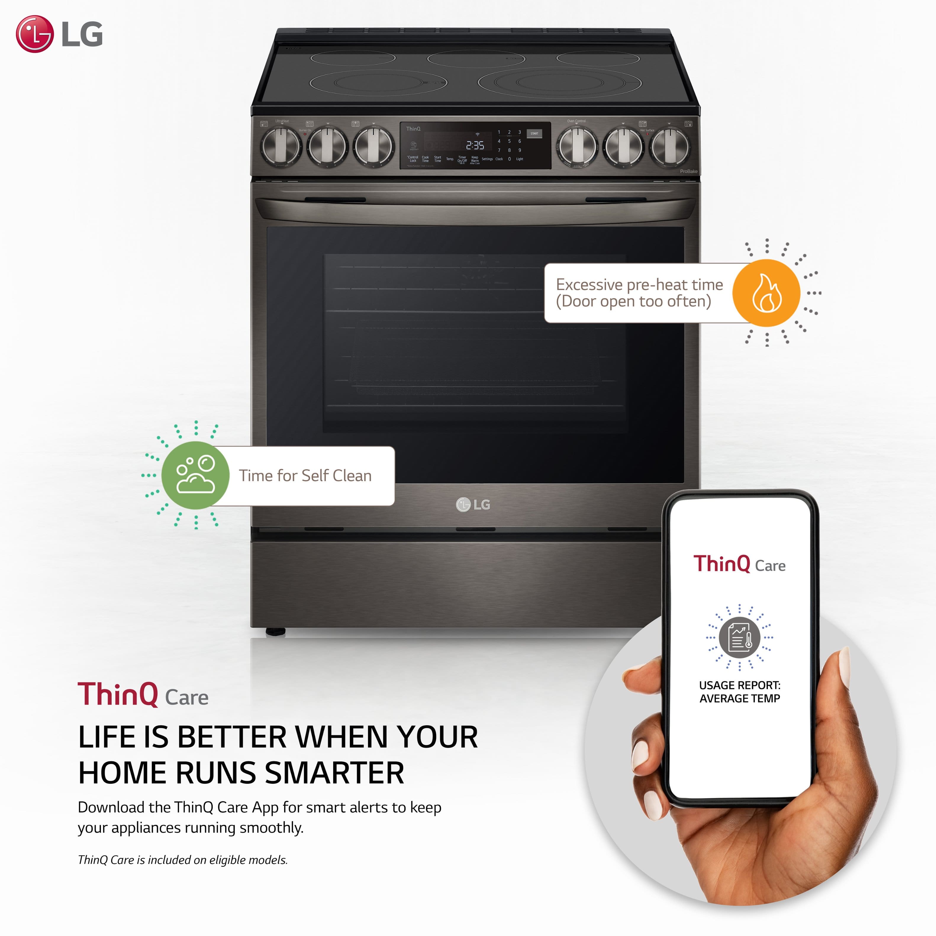 LG ThinQ Care: Life is Better When Your Home Runs Smarter. Download the ThinQ Care App for smart alerts to keep your appliances running smoothly. Usage Report: Average Temperature. ThinQ Care is included on eligible models.