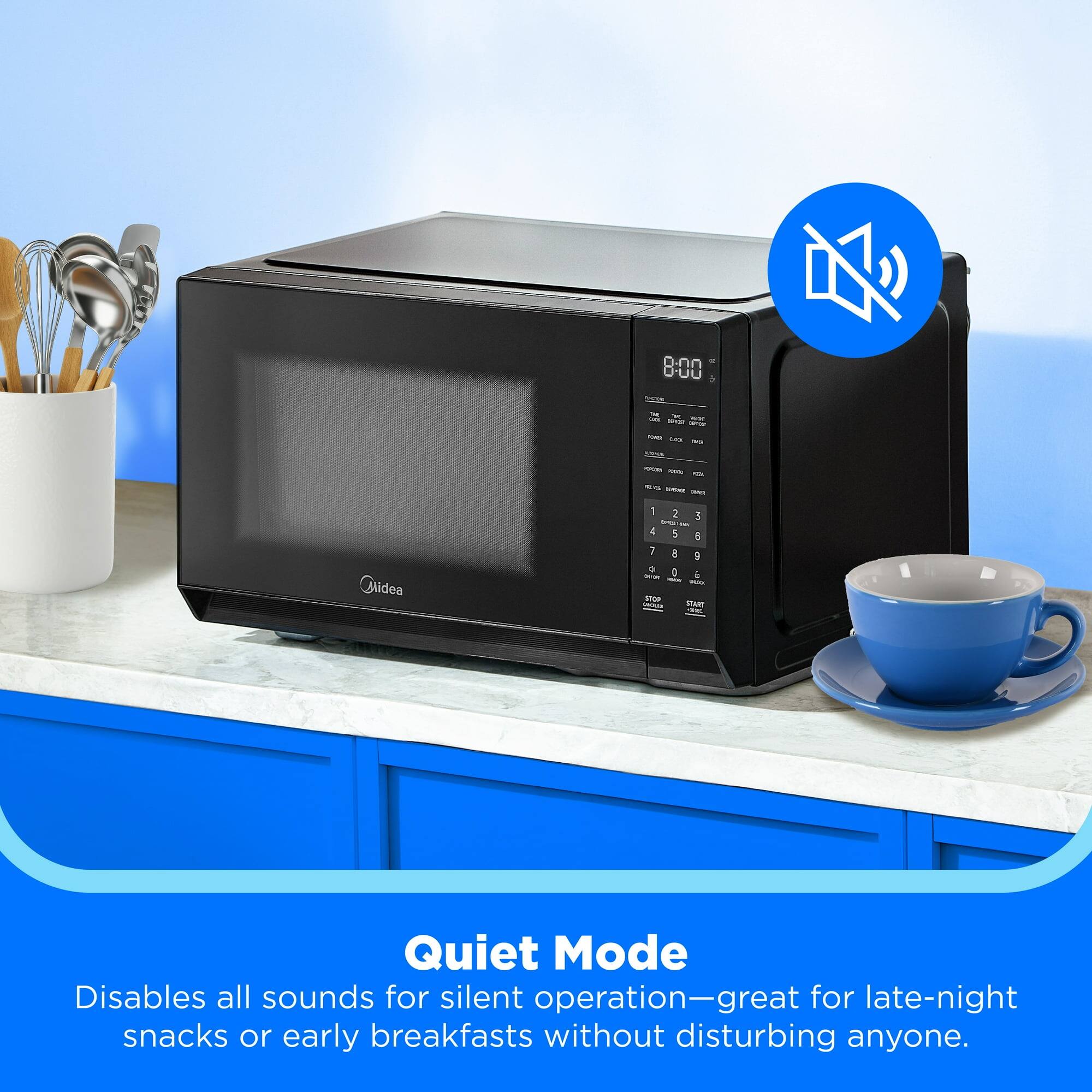 8:00  
Quiet Mode  
Disables all sounds for silent operation—great for late-night snacks or early breakfasts without disturbing anyone.