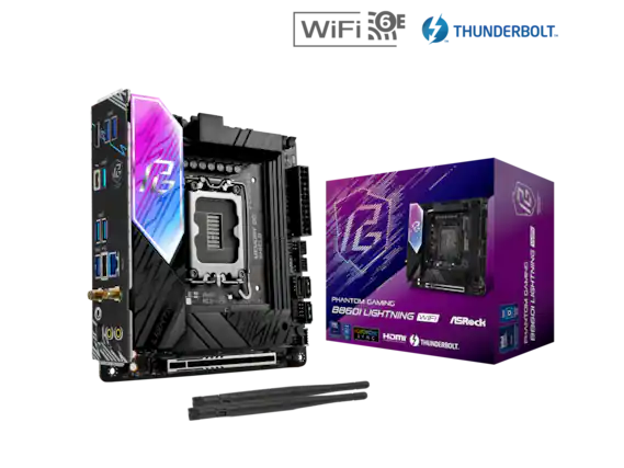 Wi-Fi 6E
LIGHTNING
RoHS UK FC
CH ck 7KO OC
MEMORY SHIELD
M.2 S.M
G!
PHANTOM GAMING
B860I LIGHTNING
WiFi
ASRock
PHANTOM GAMING
B860I LIGHTNING
THUNDERBOLT