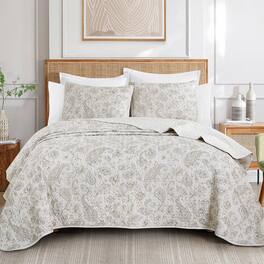 MarCielo - 3 Piece Lightweight Quilt Bedspread Set Reversible Floral Botanical - Beige Paisley