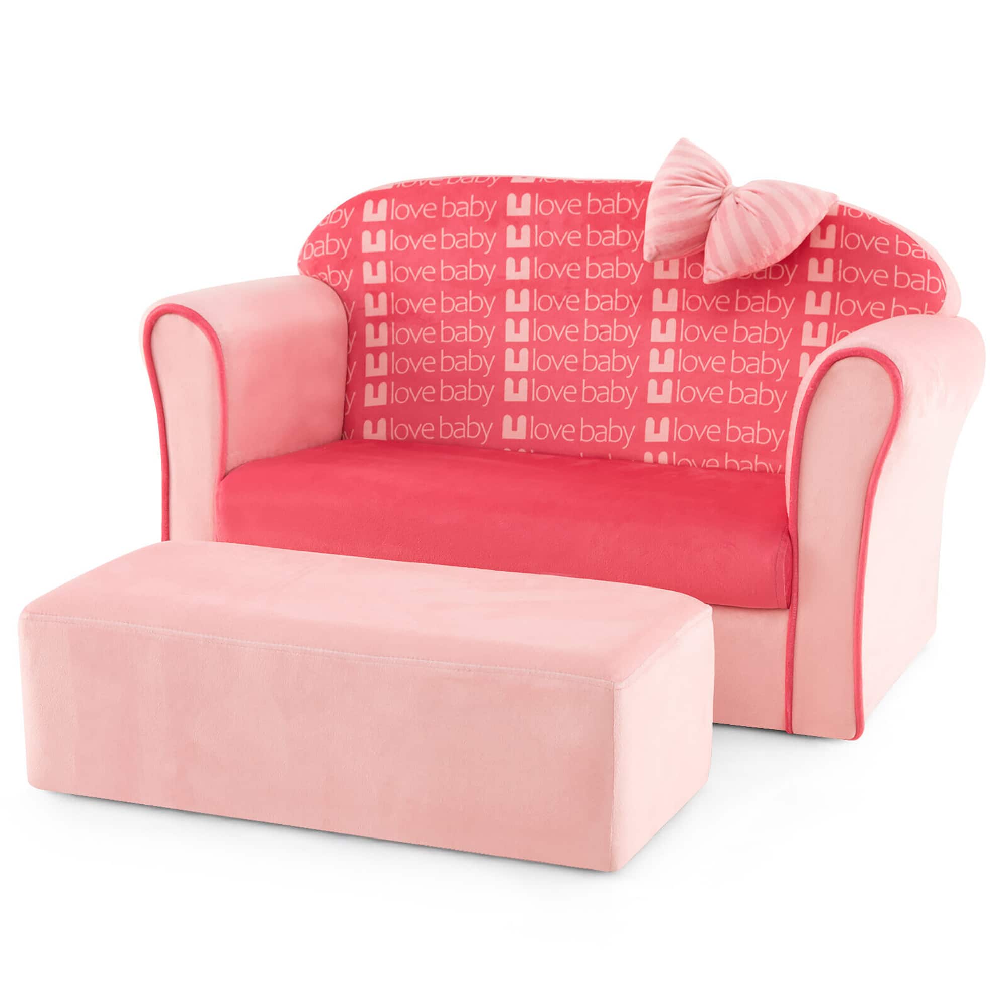Gymax - Kids Double Sofa Velvet Upholstered Sofa Couch w/Footstool & Armrests Pink - Pink