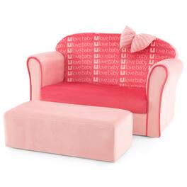 Gymax - Kids Double Sofa Velvet Upholstered Sofa Couch w/Footstool & Armrests Pink - Pink