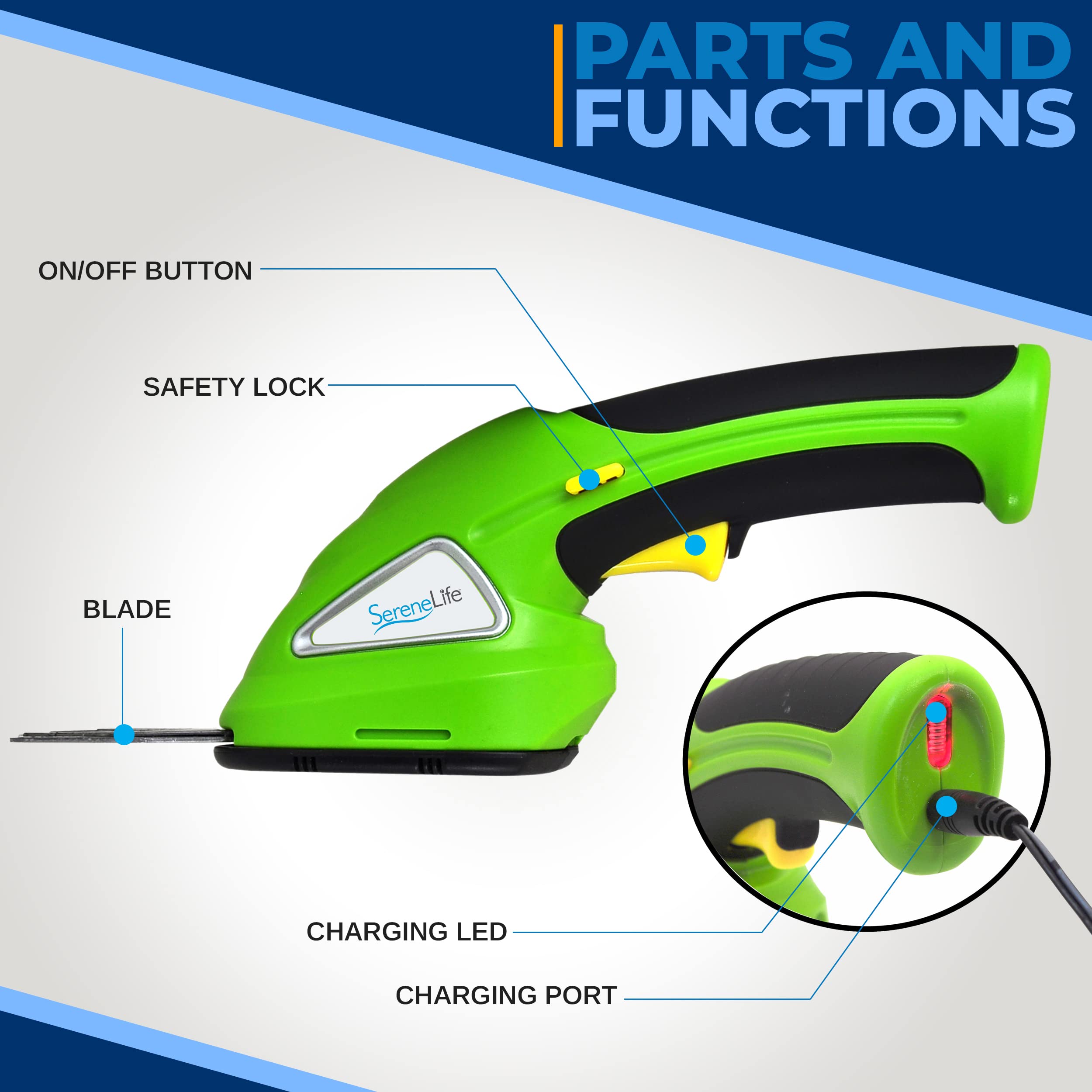 PARTS AND FUNCTIONS

- ON/OFF BUTTON
- SAFETY LOCK
- BLADE
- CHARGING LED
- CHARGING PORT