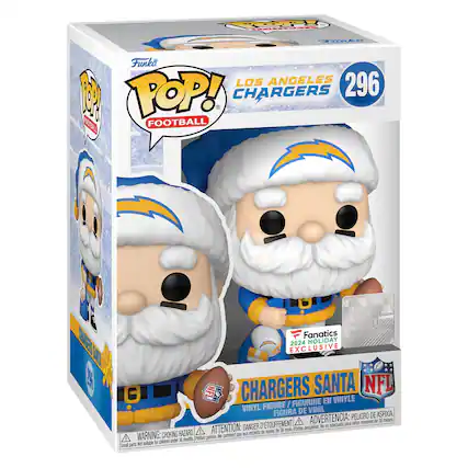 The text on the image is:
"Take Los Angeles 296 POP! Chargers Santa Football Vena YC NFL Fanatics 2024 Holiday Exclusive G NFL Chargers Santa NFL Figurine en Vinyle Figure / Vinyl de Vinil Figura Peligro de Asfixia, D'Touffement A Advertencia: para menores de 36 meses DANGER pequenas partes de nois de 3 nois Partes A Warning: Choking Hazard, Small pieces. &r convient E chidren under 6 months not suitable B Small pieces."
Corrected and grouped text:
"Los Angeles Chargers Santa NFL Figurine en Vinyle Figure / Vinyl de Vinil Figura. Peligro de Asfixia, D'Touffement A Advertencia: para menores de 36 meses. DANGER pequenas partes de nois de 3 nois Partes A Warning: Choking Hazard, Small pieces. &r convient E chidren under 6 months not suitable B Small pieces."