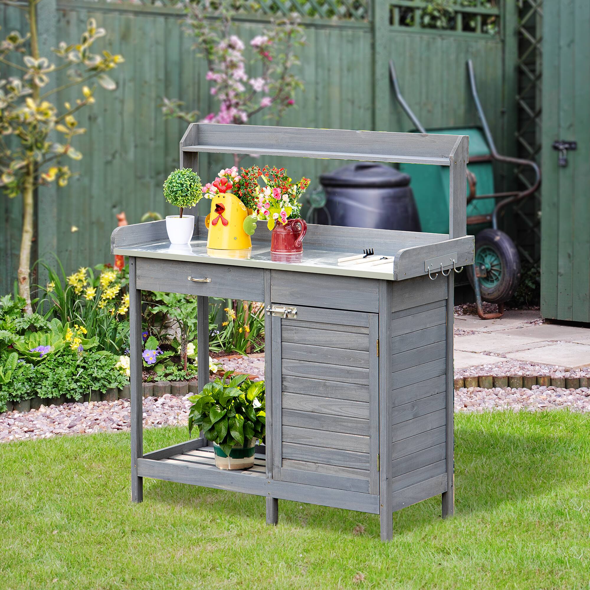 Alt View 1. Outsunny - Outdoor Potting Bench Table, Garden Work Station with Storage Cabinet, Open Shelf and Steel Tabletop - Grey.