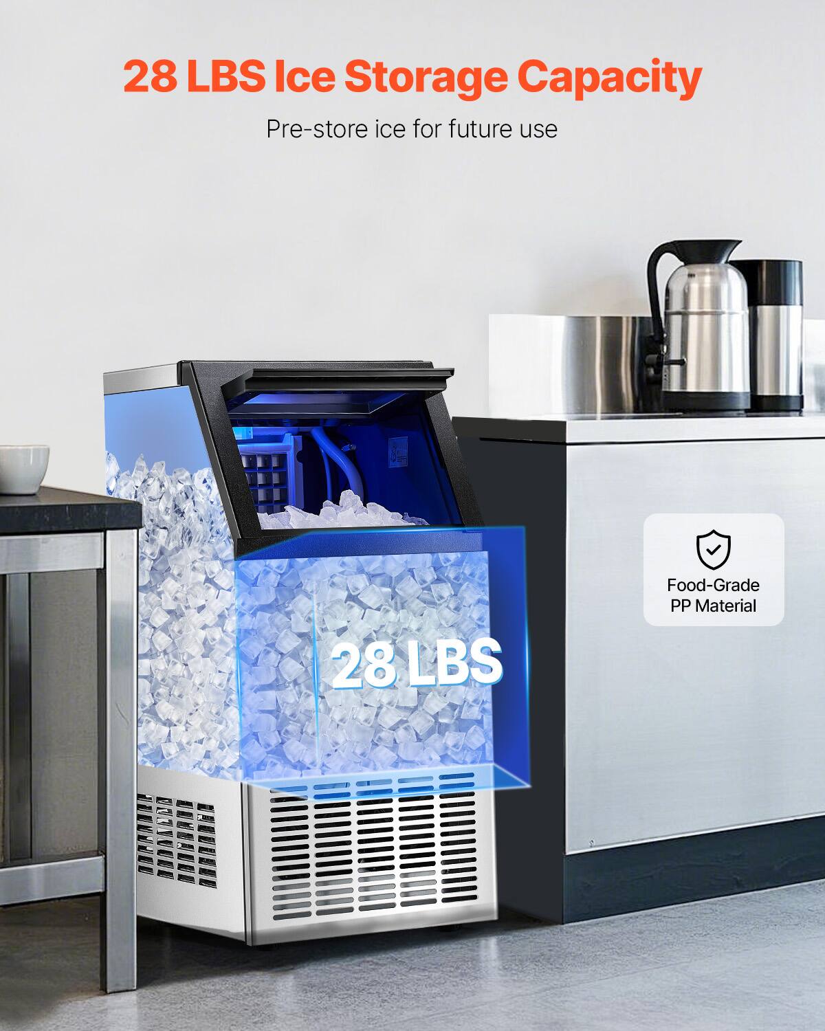 28 LBS Ice Storage Capacity
Pre-store ice for future use
28 LBS
Food-Grade PP Material