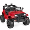 The image shows a red off-road vehicle with black accents. It has a robust design with large, rugged tires and a protective front bumper. The vehicle features a roll cage and additional lights mounted on the roof.
