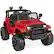 The image shows a red off-road vehicle with black accents. It has a robust design with large, rugged tires and a protective front bumper. The vehicle features a roll cage and additional lights mounted on the roof.