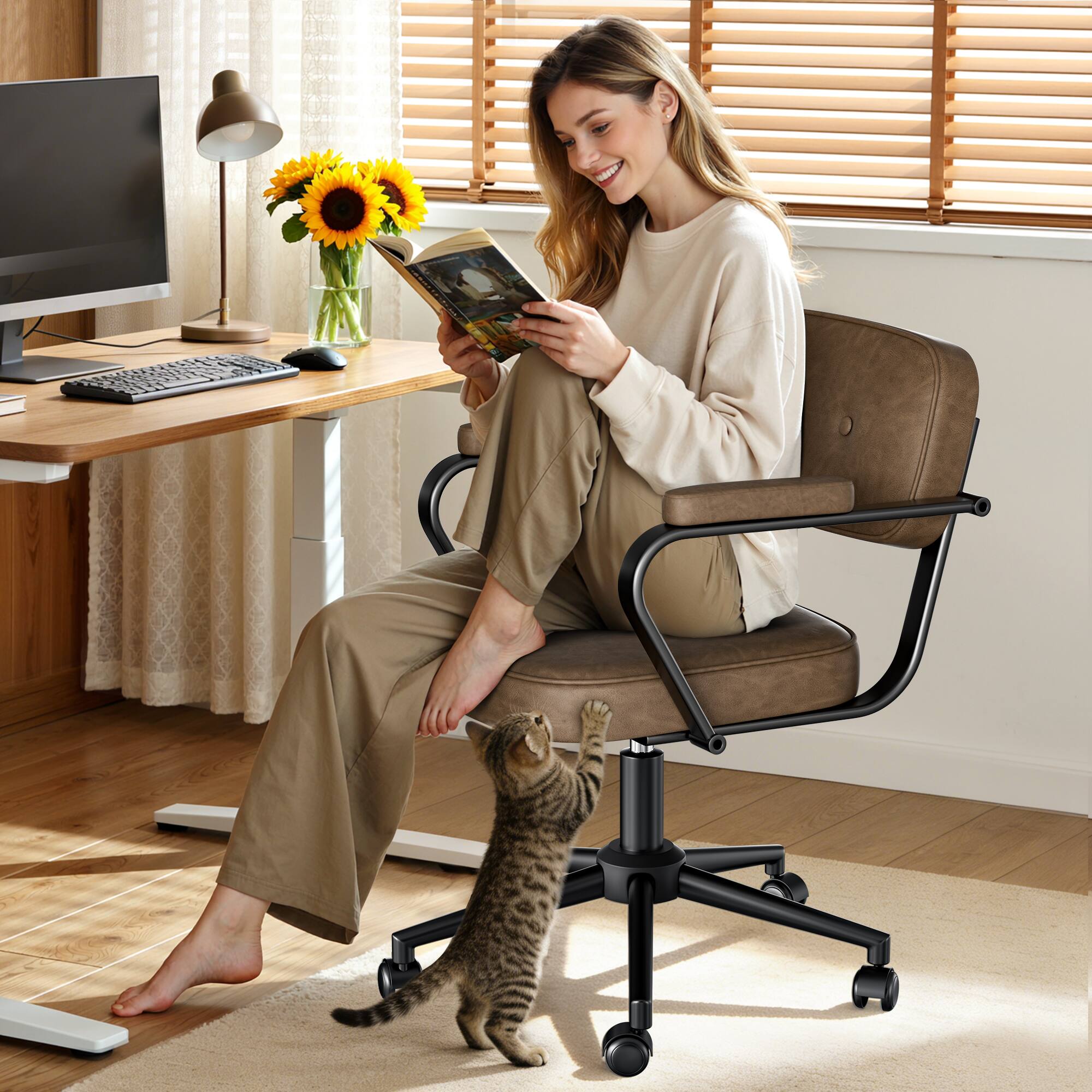 Alt View 3. KERDOM - Compact Home Office Chair with Arms, Simple Computer Chair for Short People, PU Leather Cute Small Desk Chair for Study - Brown.