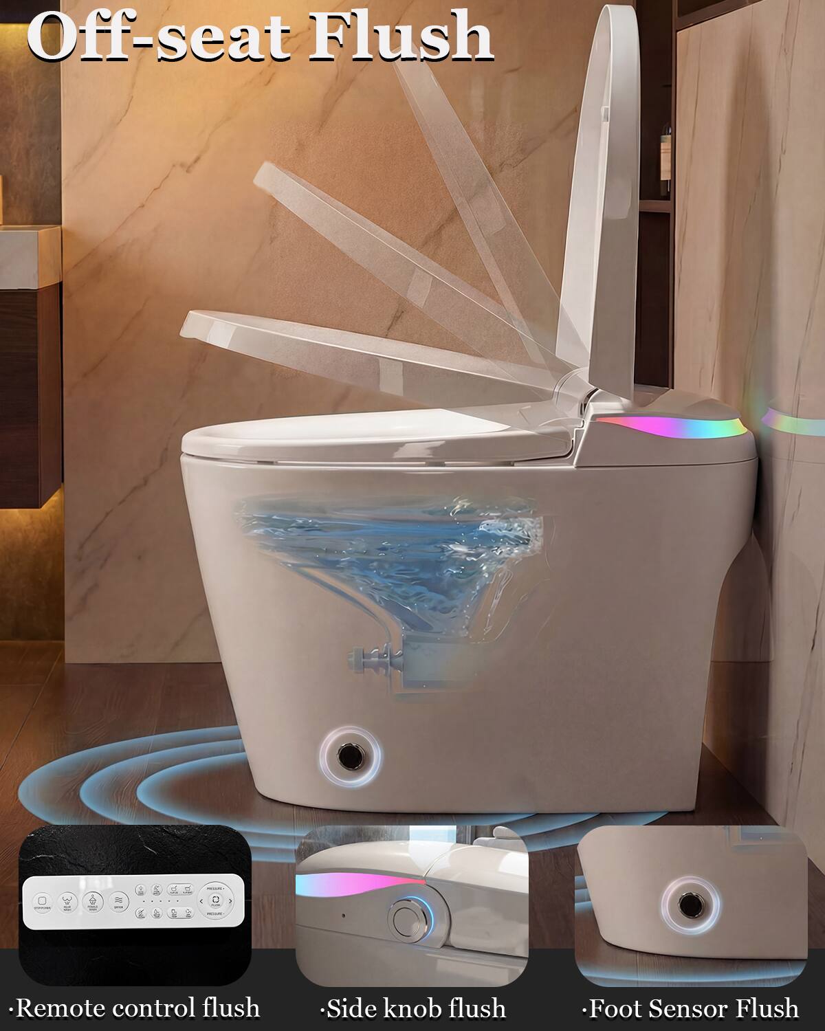 Off-seat Flush

- Remote control flush
- Side knob flush
- Foot Sensor Flush