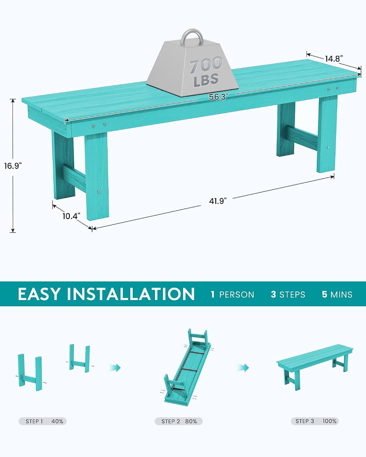 SERWALL 2 Person Backless Outdoor Bench 56 Inches, All Weather HDPE ...