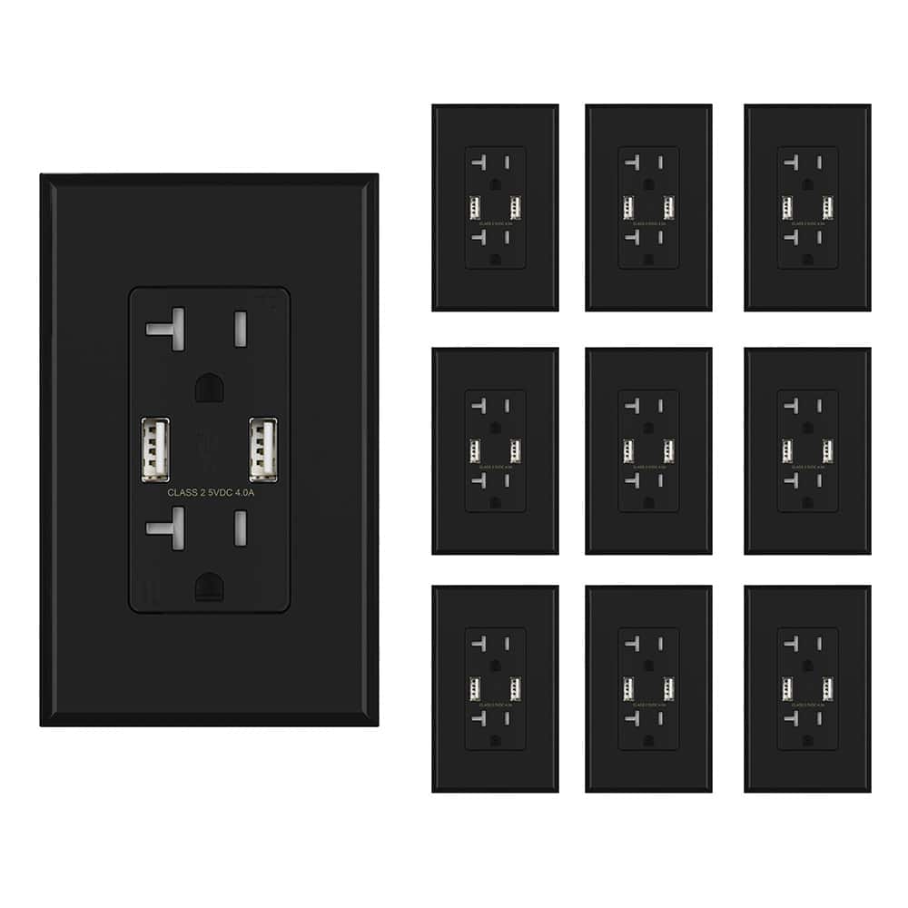 ELEGRP - USB Outlet Receptacle,20A Dual 4.0 A USB Ports,20W TR Electrical Wall Outlet, UL Listed, w/Wall Plate,,10PC - Black