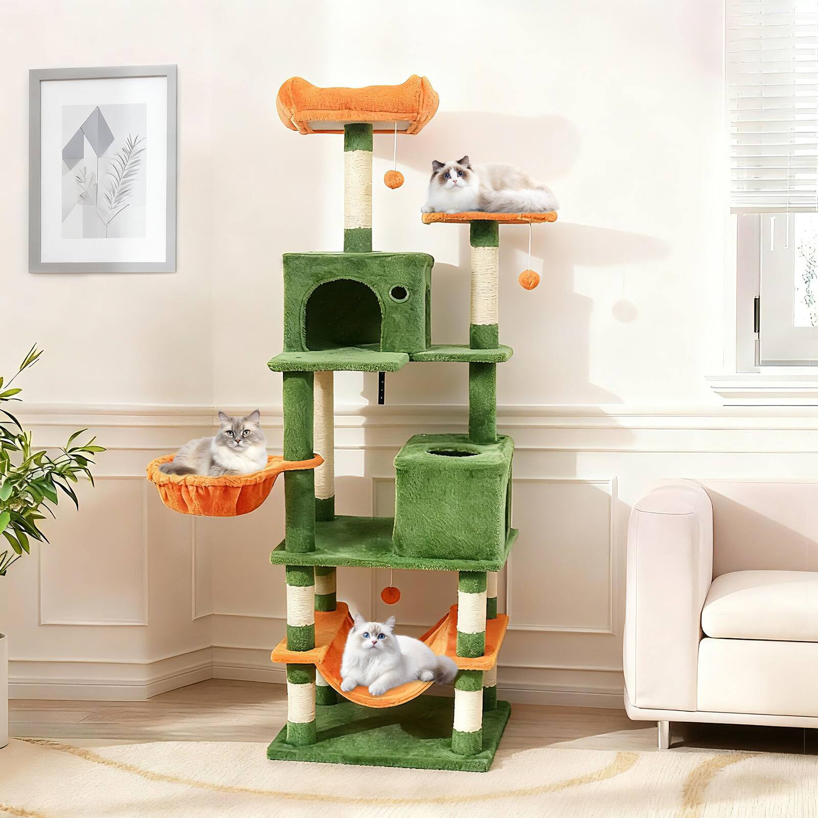 Alt View 1. Gymax - Gymax 66'' Tall Cat Tree w/2 Condos Sisal Scratching Posts Plush Perch Hammock Basket.