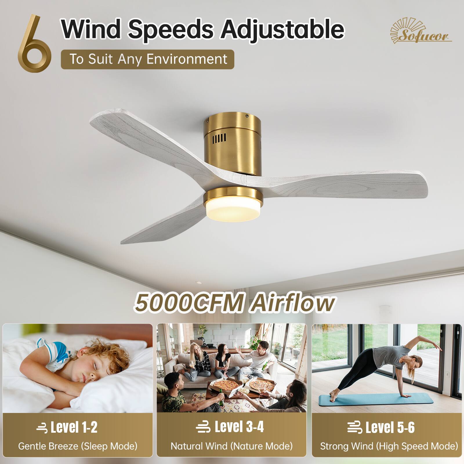 Wind Speeds Adjustable  
To Suit Any Environment  

6  
5000CFM Airflow  

Level 1-2  
Gentle Breeze (Sleep Mode)  

Level 3-4  
Natural Wind (Nature Mode)  

Level 5-6  
Strong Wind (High Speed Mode)  

Sofucor