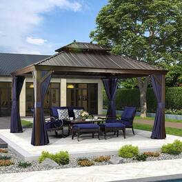 PURPLE LEAF - Outdoor Hardtop Gazebo for Patio Bronze Aluminum Frame Pavilion with Navy-Blue Curtain - 12' X 14'