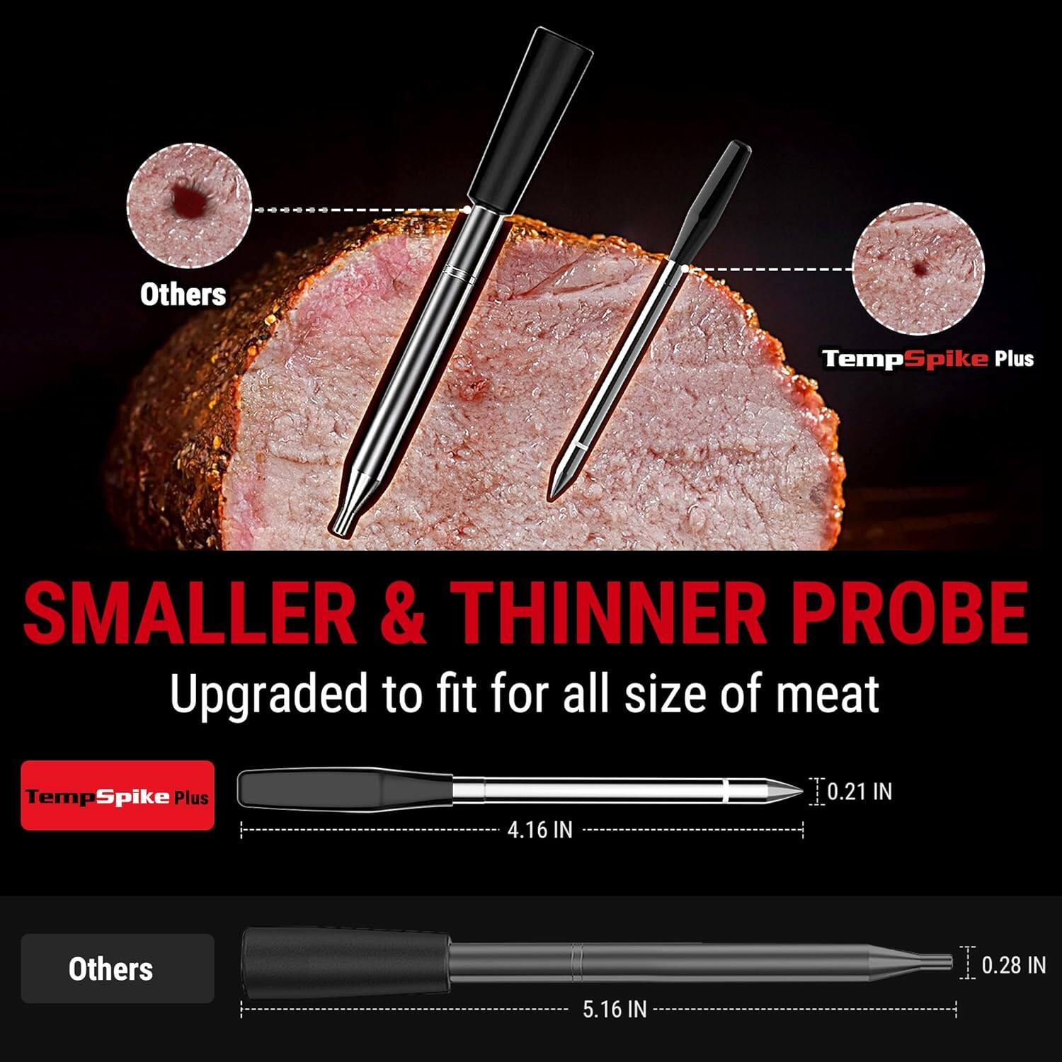 Others  
TempSpike Plus  
SMALLER & THINNER PROBE  
Upgraded to fit for all size of meat  

TempSpike Plus: 4.16 IN, 0.21 IN  
Others: 5.16 IN, 0.28 IN