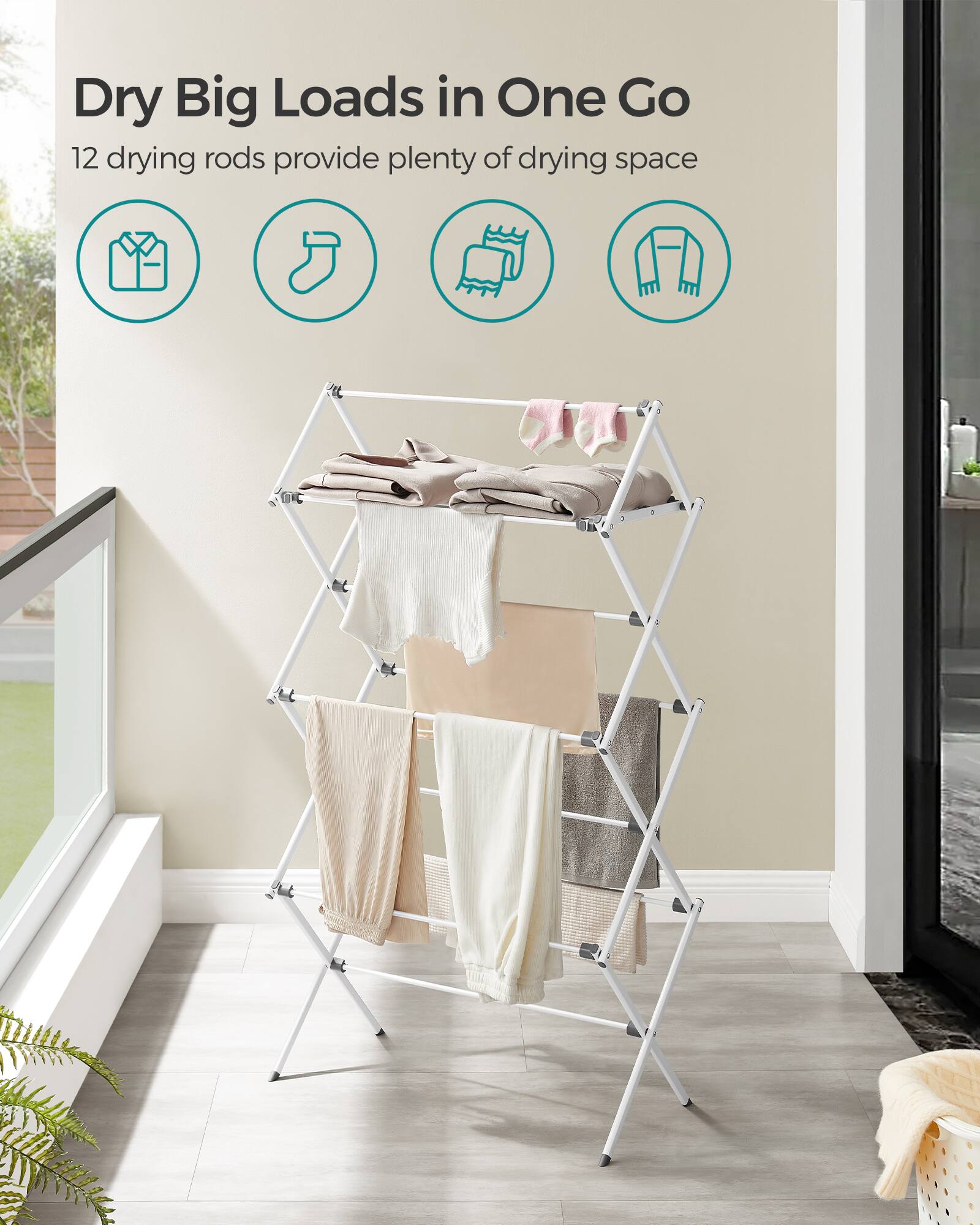 Dry Big Loads in One Go  
12 drying rods provide plenty of drying space
