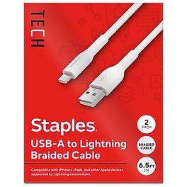 Staples TECH - Lightning to USB-A Charging Cable, 6.6 ft., White, 2/Pack (ST62319) - White