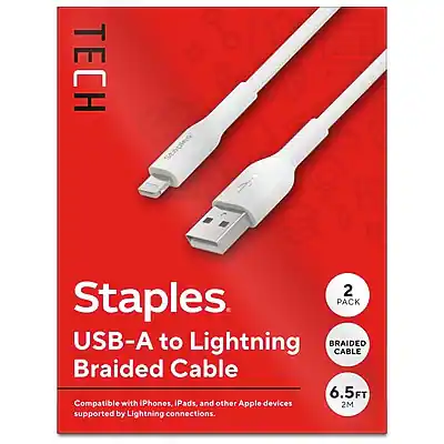 TECH Staples
USB-A to Lightning Braided Cable
2 Pack
6.5FT (2M)
Compatible with iPhones, iPads, and other Apple devices supported by Lightning connections.