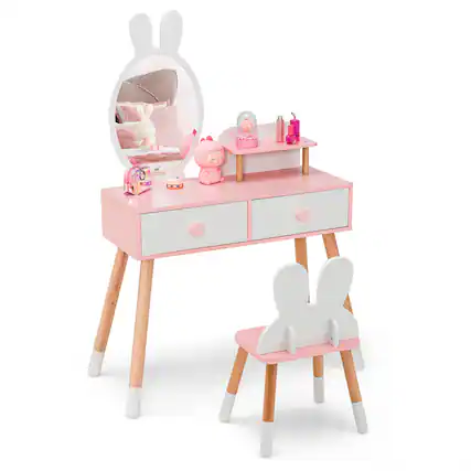 Front. Gymax - Gymax Kid Vanity Set Makeup Table Stool with Drawer Shelf Wood Leg Rabbit Mirror White - White.