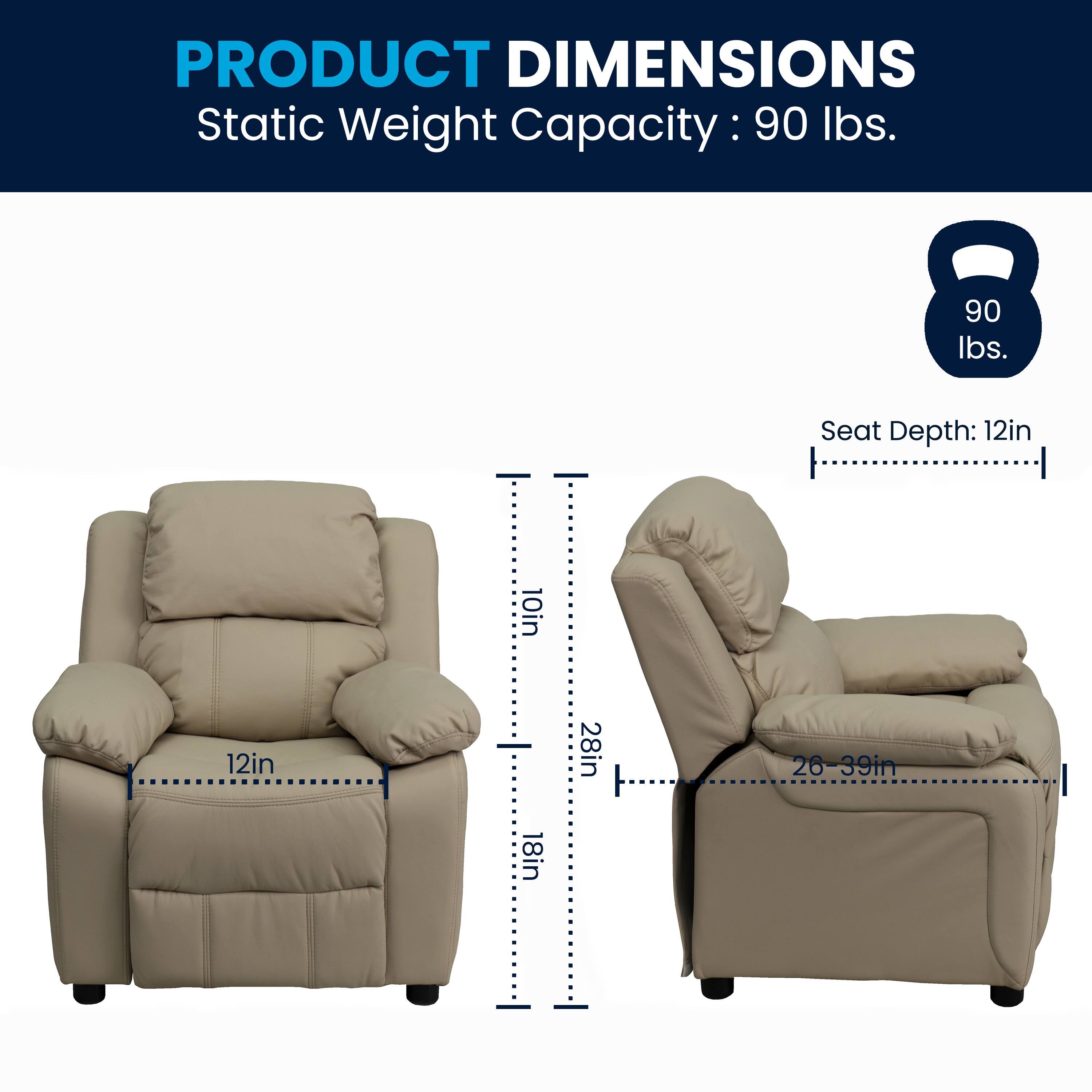 PRODUCT DIMENSIONS  
Static Weight Capacity: 90 lbs.  
Seat Depth: 12in  
Seat Width: 28in  
Seat Height: 18in  
Back Height: 26-39in