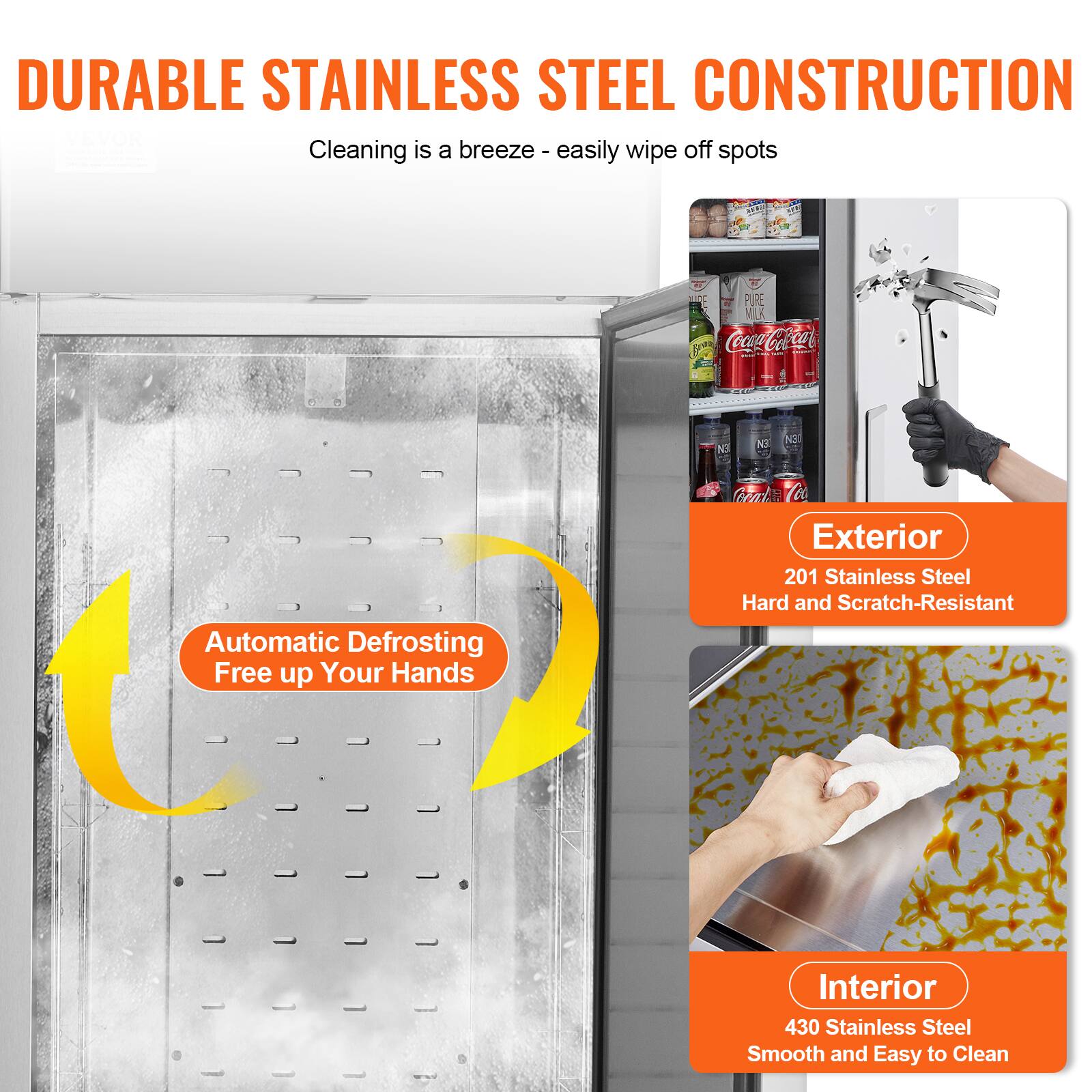 DURABLE STAINLESS STEEL CONSTRUCTION  
Cleaning is a breeze - easily wipe off spots  

Automatic Defrosting  
Free up Your Hands  

Exterior  
201 Stainless Steel  
Hard and Scratch-Resistant  

Interior  
430 Stainless Steel  
Smooth and Easy to Clean
