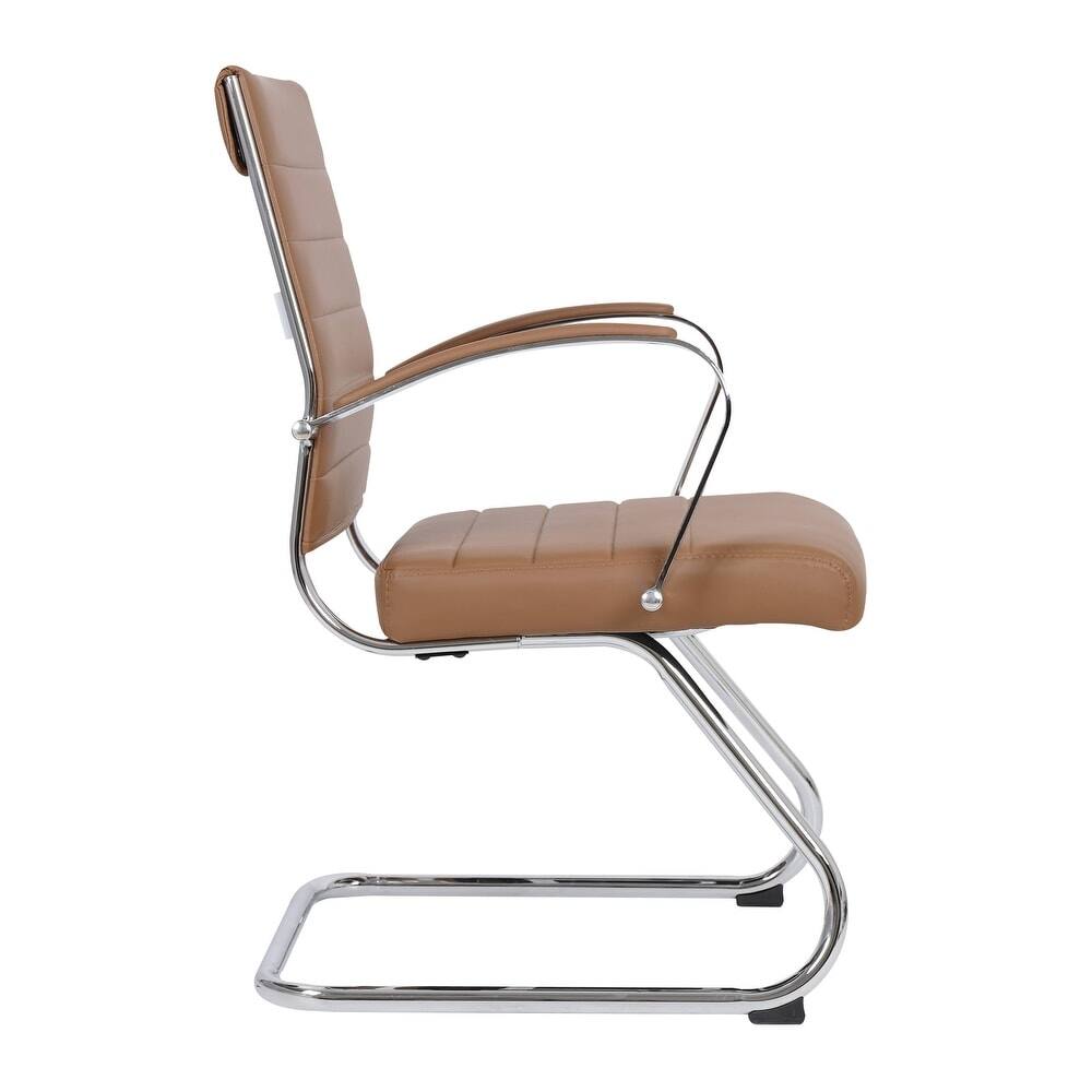 Alt View 4. LeisureMod - Set of 8 Benmar Modern Leather Office Desk Chair with Chrome Frame, Sled Base, and Padded Armrests - Light Brown.