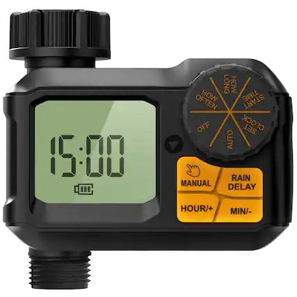 15:00
LONG
HOW OFTEN
RAIN
SET
OFF
AUTO
MANUAL
RAIN DELAY
HOUR/+
MIN/-