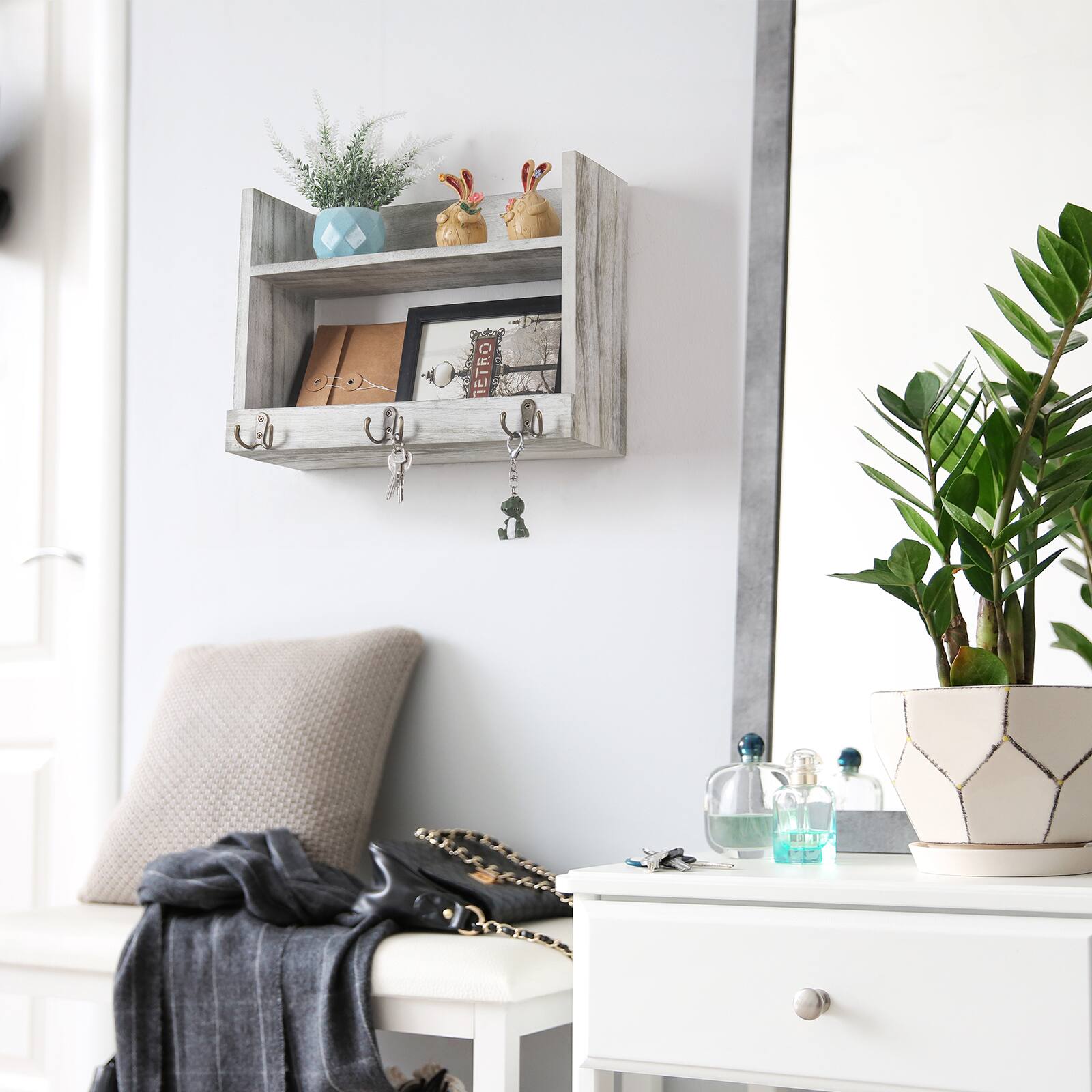 Back. Oumilen - Whitewashed Wall Mounted Storage Shelf with Hooks – Wooden Organizer for Kitchen Bathroom Entryway - Whitewashed.