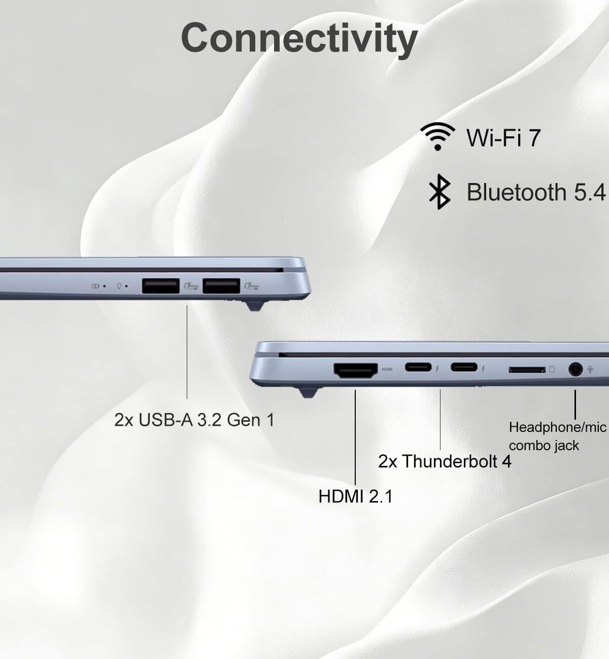 Connectivity  
Wi-Fi 7  
Bluetooth 5.4  
2x USB-A 3.2 Gen 1  
Headphone/mic combo jack  
2x Thunderbolt 4  
HDMI 2.1