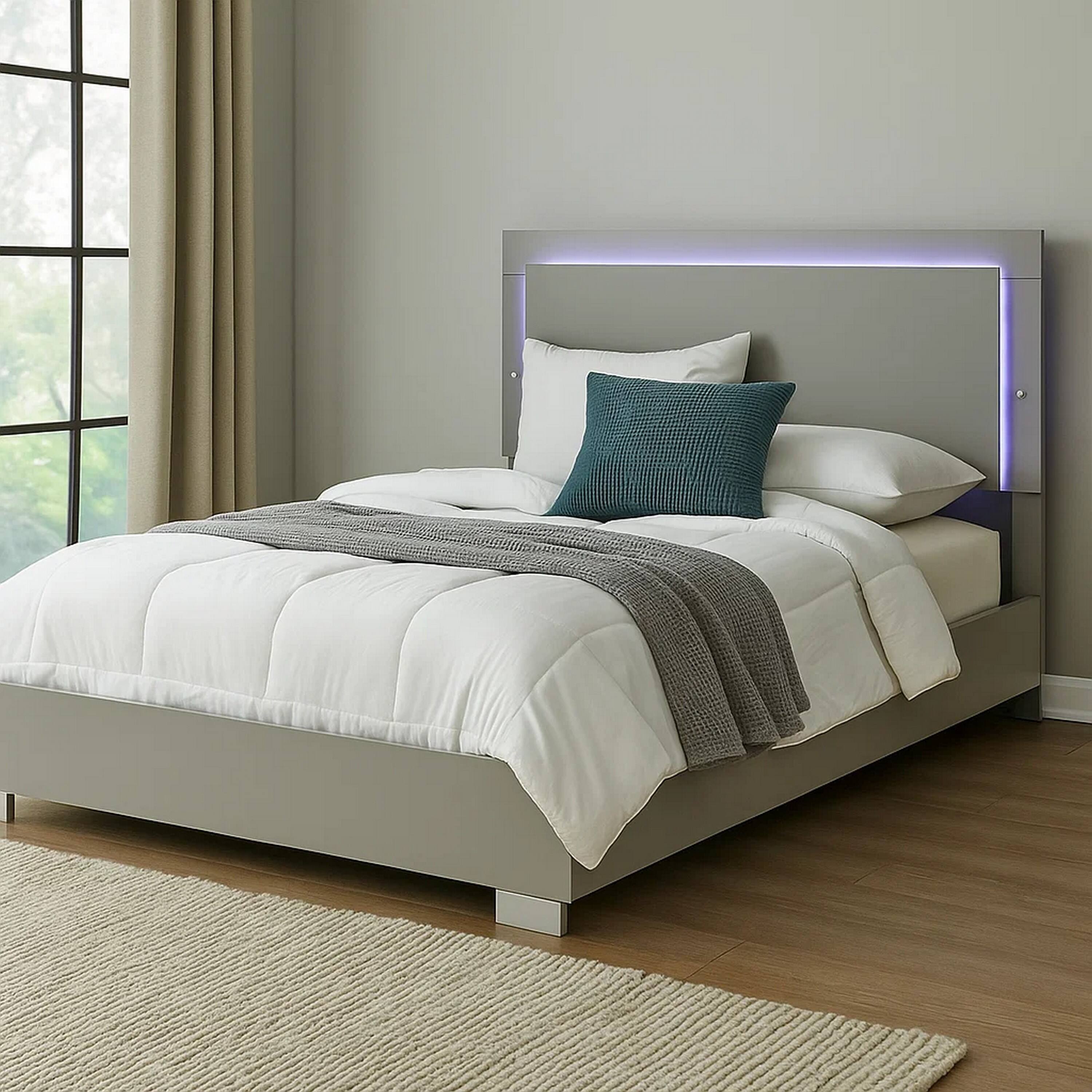 Alt View 5. Manhattan Lane - Suni Queen Size Bed w LED Headboard, Light Taupe Gray Wood Frame - Light Taupe Gray, Chrome Silver.