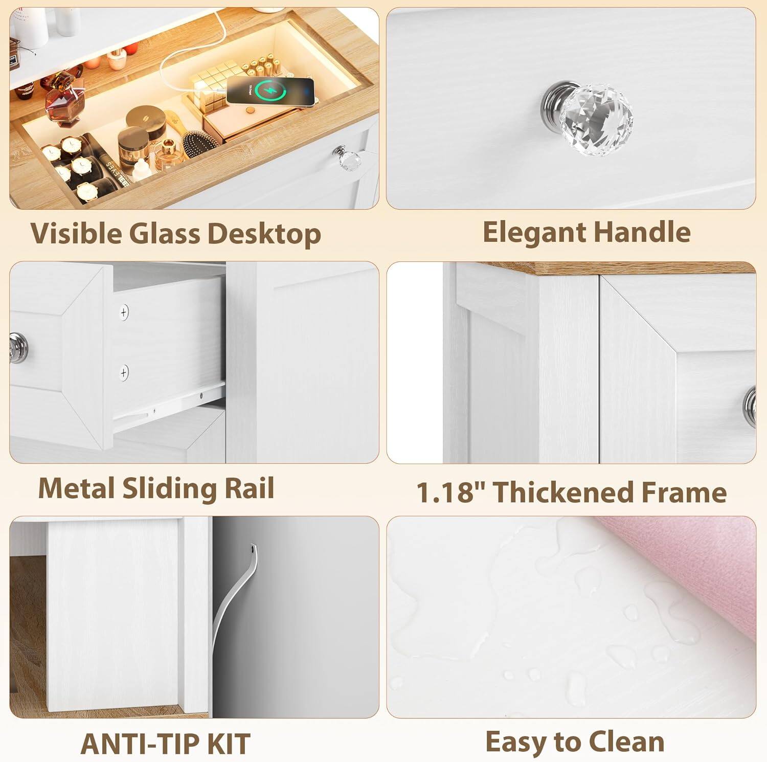 - Visible Glass Desktop
- Elegant Handle
- Metal Sliding Rail
- 1.18" Thickened Frame
- Anti-Tip Kit
- Easy to Clean