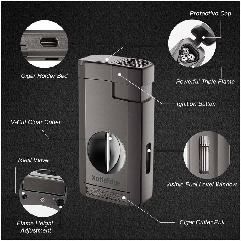 Protective Cap  
Cigar Holder Bed  
Powerful Triple Flame  
Ignition Button  
V-Cut Cigar Cutter  
Refill Valve  
Visible Fuel Level Window  
Flame Height Adjustment  
Cigar Cutter Pull