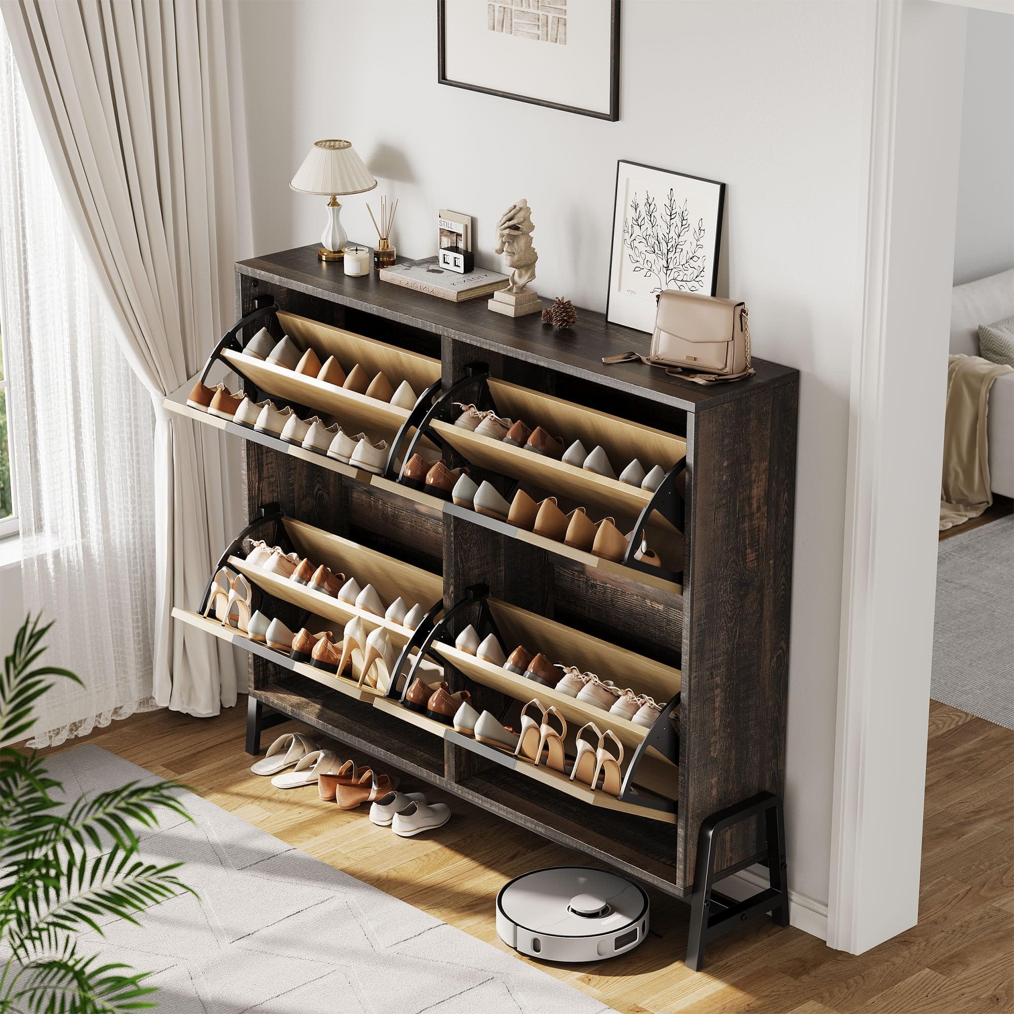 Babevy - Shoe Cabinet Storage with 4Flip Drawer,Freestanding Shoe Storage Organizer Cabinet for Entryway,Narrow Shoe Rack Cabinet - Oak