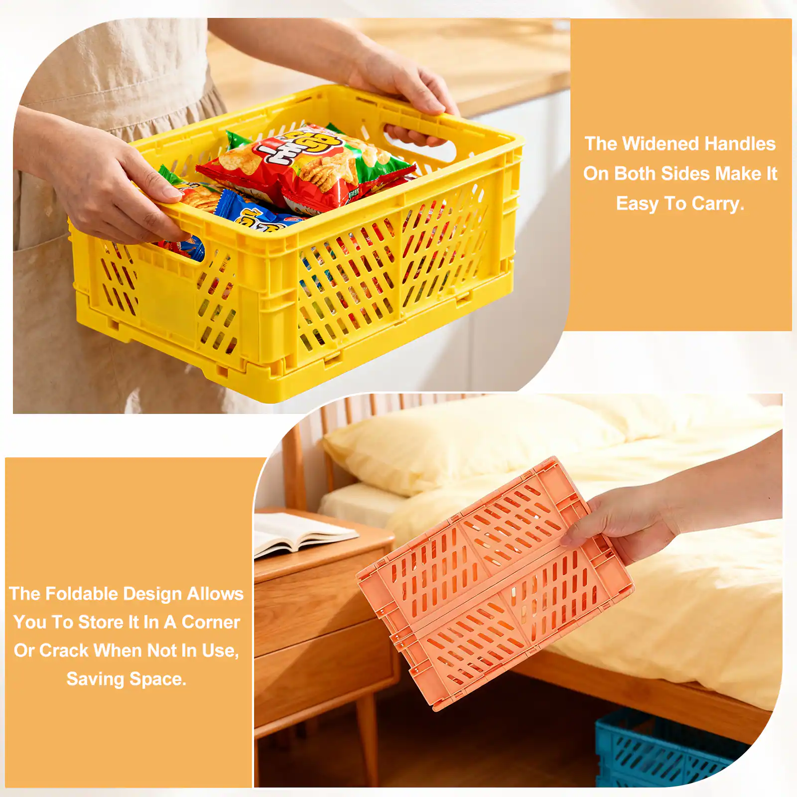 The widened handles on both sides make it easy to carry. The foldable design allows you to store it in a corner or crack when not in use, saving space.