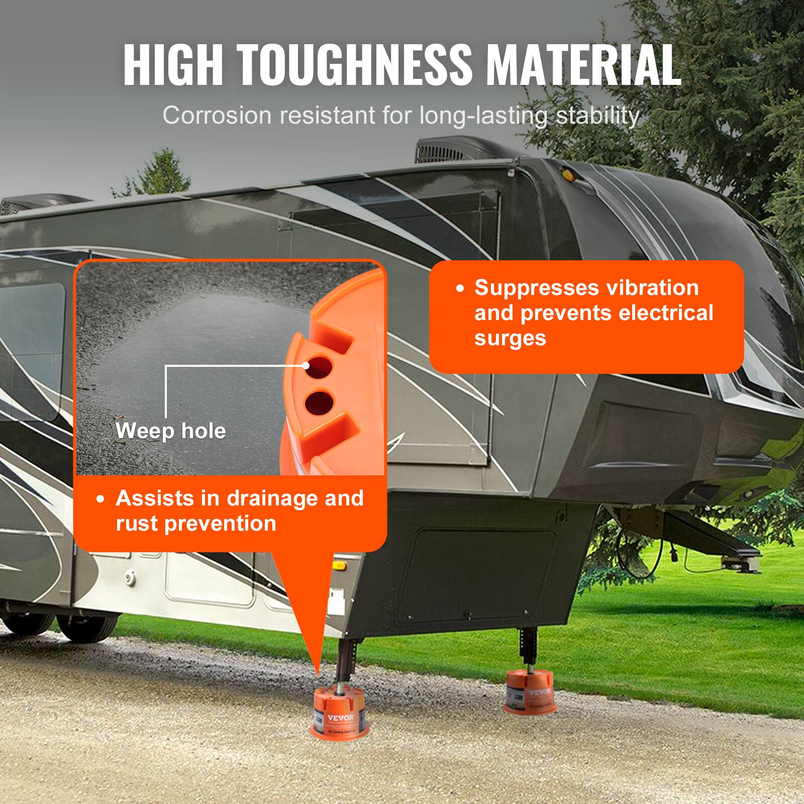 HIGH TOUGHNESS MATERIAL  
Corrosion resistant for long-lasting stability

- Suppresses vibration and prevents electrical surges
- Weep hole
- Assists in drainage and rust prevention

VEVOR