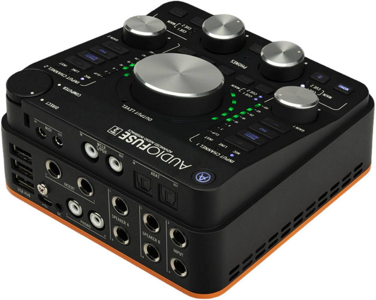 USB HUB  
CRES CEI NIYO  
TRO  
1 2 15N  
PHONES CHANNEL TIME 3 INPUT  
COMPUTER  
CRES CEI DIRECT LEVEL -0e -2 OUTPUT  
A de MIDI w 2 oVA  
S INTERFACE  
CT- PHAST AUDIO  
INST WCLK  
LINE S/POIF  
AUDIOFUSE  
ADVANCED CHANNEL  
JIN OAT INPUT  
ADAT D INSERT  
oT 2 MONO  
CUE MAIN GAIN  
DC PHONO  
SPEAKER A  
SPEAKER B  
3 INPUT