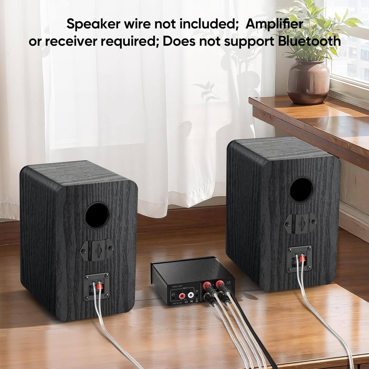 Speaker wire not included; Amplifier or receiver required; Does not support Bluetooth