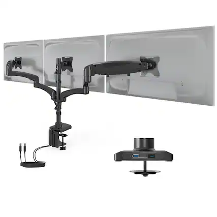 Front. Mount-It! - Triple Monitor Desk Mount with Gas Spring Arms for Monitors up to 32″ with USB-C Port, Black - Black.
