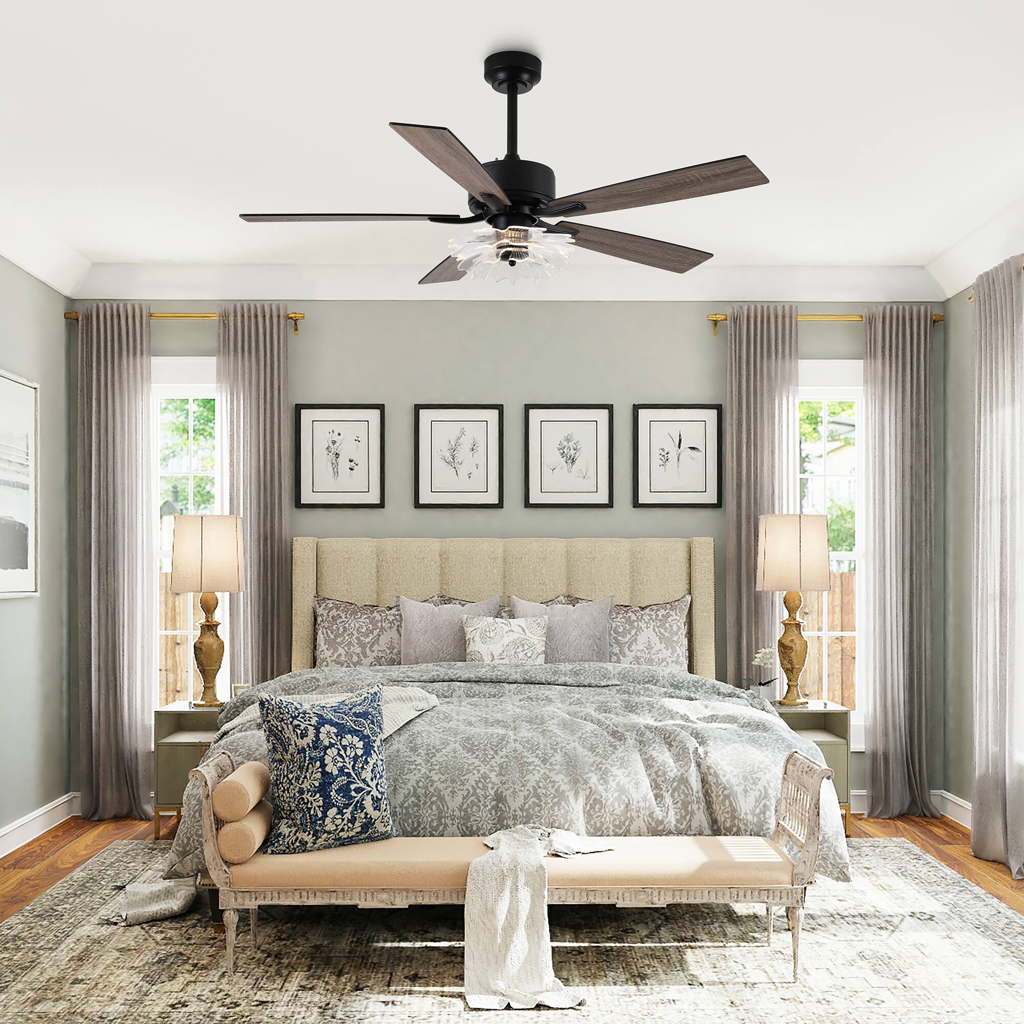 Left. Parrot Uncle - 52"Modern Black LED Ceiling Fan with Remote and Light Guide Plate Design - Black.