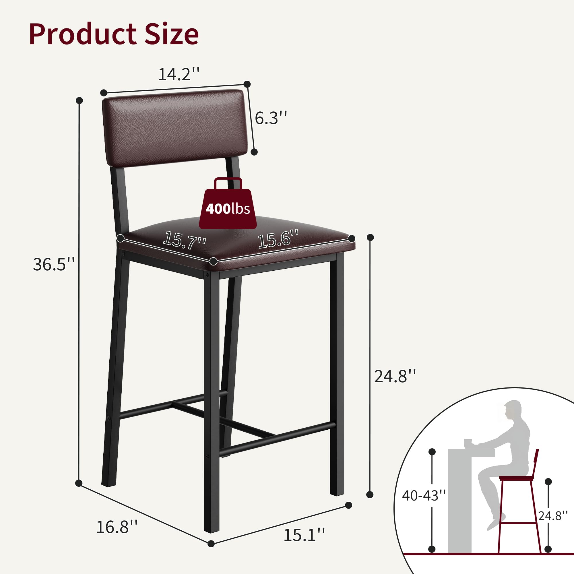 Product Size  
14.2"  
6.3"  
36.5"  
400lbs  
15.7"  
15.6"  
24.8"  
16.8"  
15.1"  
40-43"  
24.8"