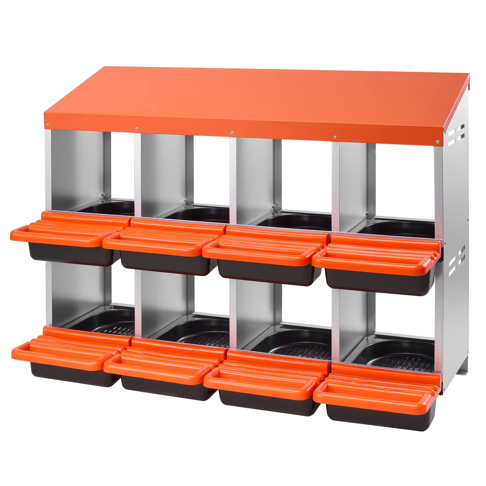 Alt View 5. VEVOR - 2 Tiers Chicken Nesting Boxes,8 Compartments,Metal Egg Laying Boxes with Protective Collection Lids,Roll Out Nesting Box - Orange + Galvanized Steel Natural Color + Black.