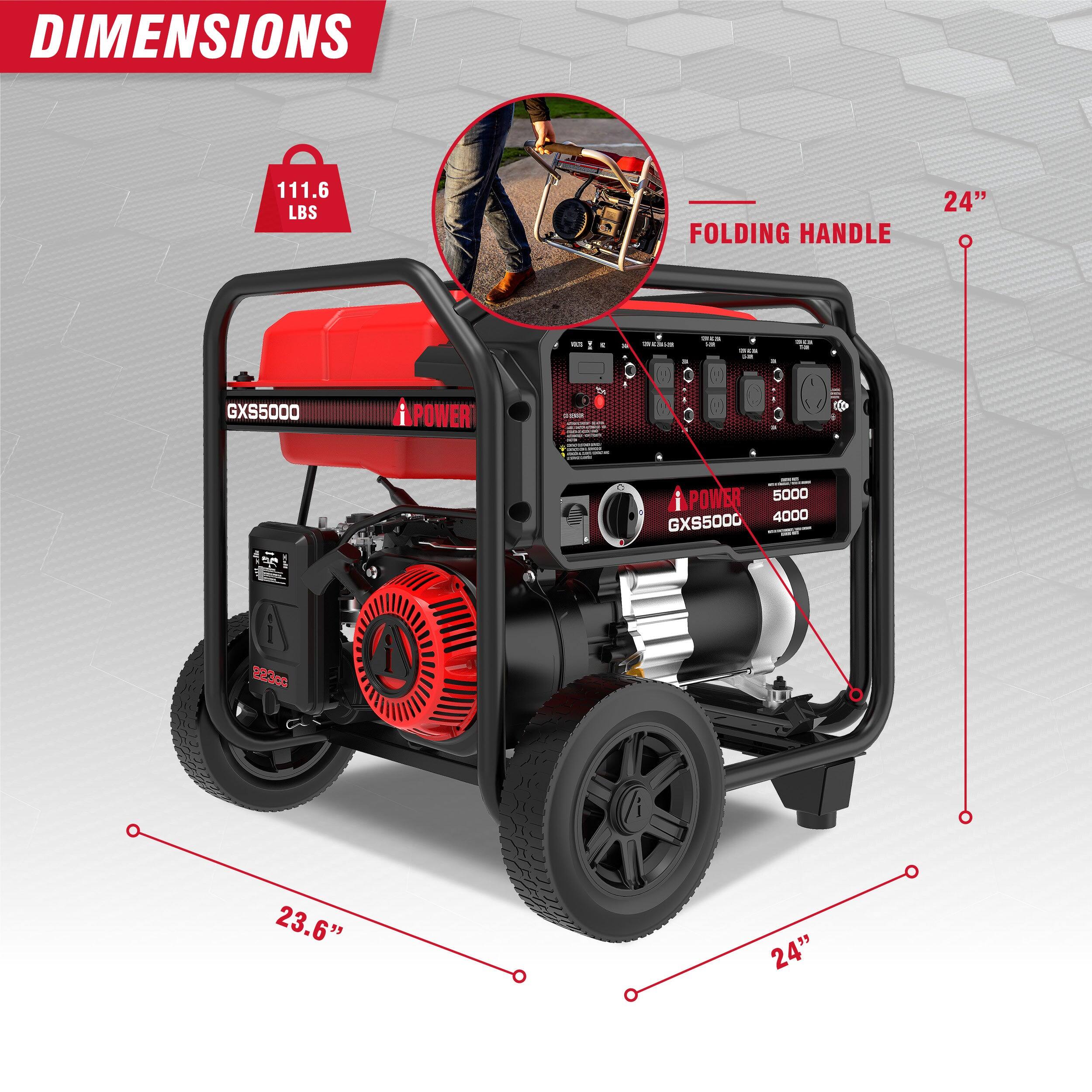 DIMENSIONS  
111.6 LBS  
FOLDING HANDLE  
24"  
23.6"  
GX5000  
POWER  
5000  
4000