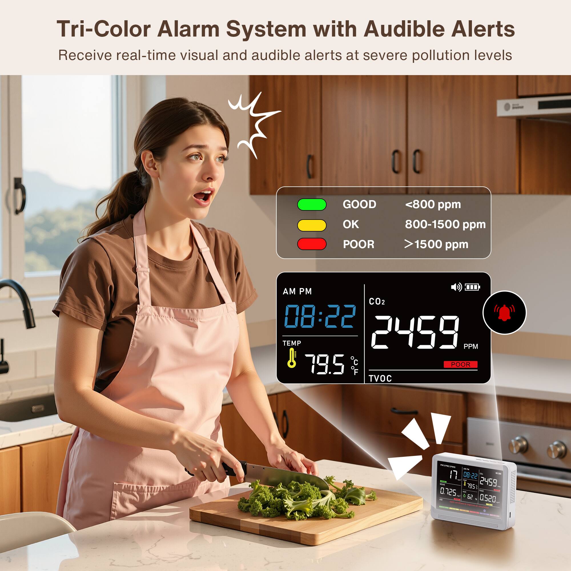 Tri-Color Alarm System with Audible Alerts  
Receive real-time visual and audible alerts at severe pollution levels

GOOD <800 ppm  
OK 800-1500 ppm  
POOR >1500 ppm

AM PM  
CO2 2459 PPM  
TEMP 79.5 OF  
TVOC POOR

LFR  
08:22 1.8 7851 2459.0.125.52  
Salt Survey Comments 0.520