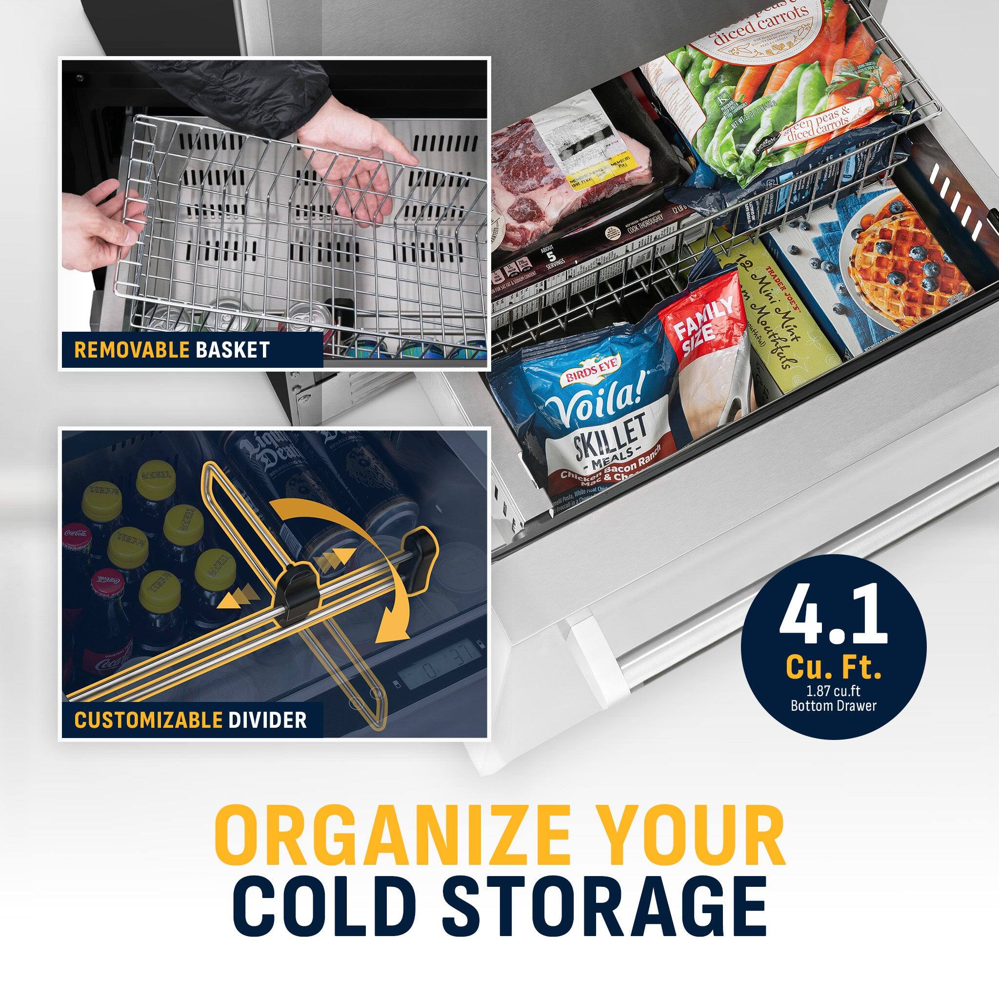 1. Carrots diced peas & Sarss  
2. REMOVABLE BASKET  
3. CUSTOMIZABLE DIVIDER  
4. 4.1 Cu. Ft. 1.87 cu.ft Bottom Drawer  
5. ORGANIZE YOUR COLD STORAGE