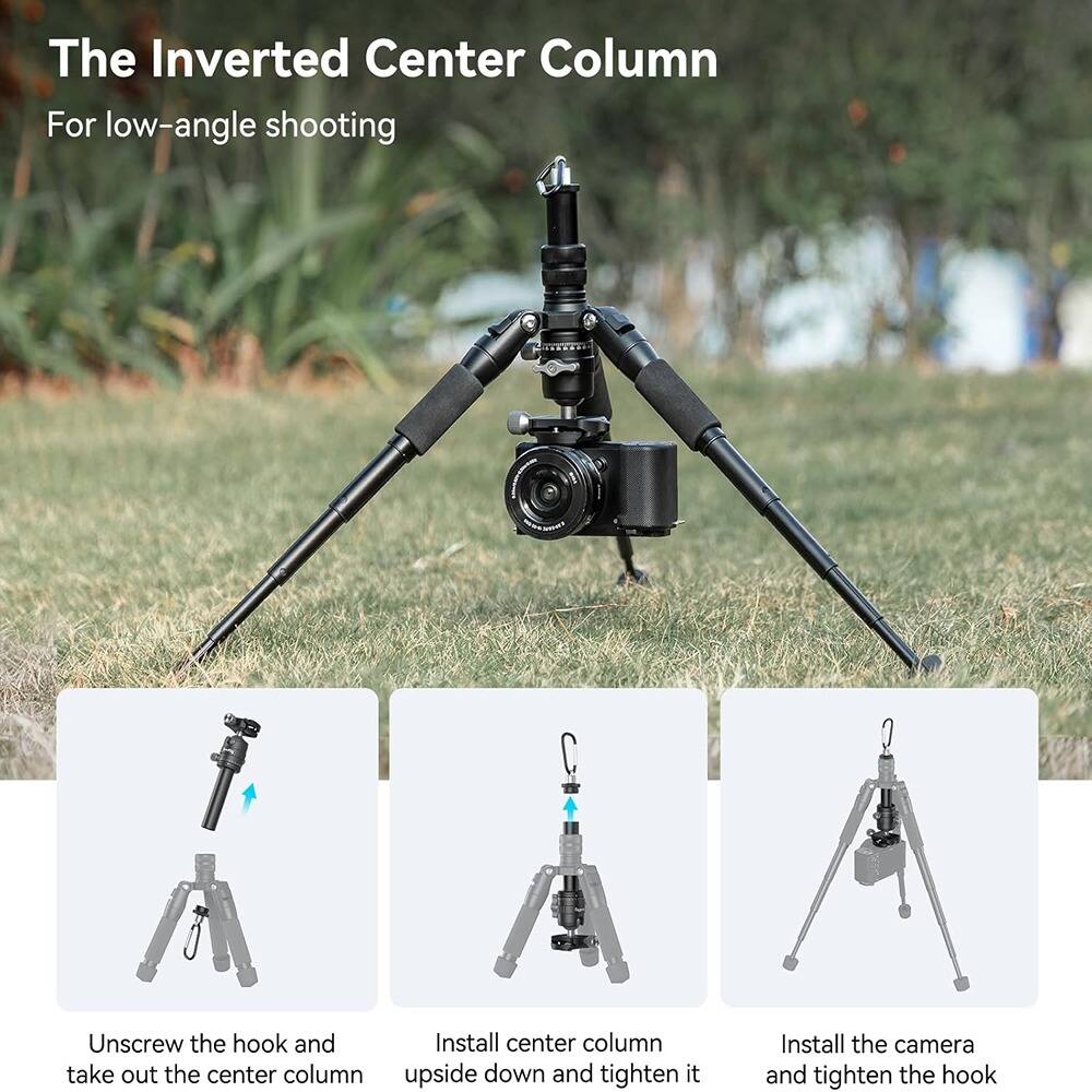 The Inverted Center Column  
For low-angle shooting  

1. Unscrew the hook and take out the center column  
2. Install center column upside down and tighten it  
3. Install the camera and tighten the hook