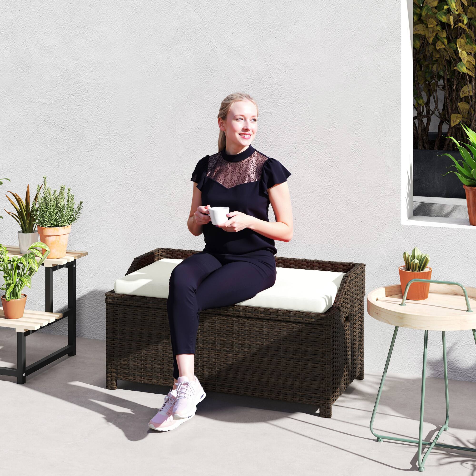 Alt View 1. Outsunny - 34 Gallon Outdoor Wicker Storage Bench Deck Box, PE Rattan Patio Furniture Pool Storage Bin Container - Cream White.