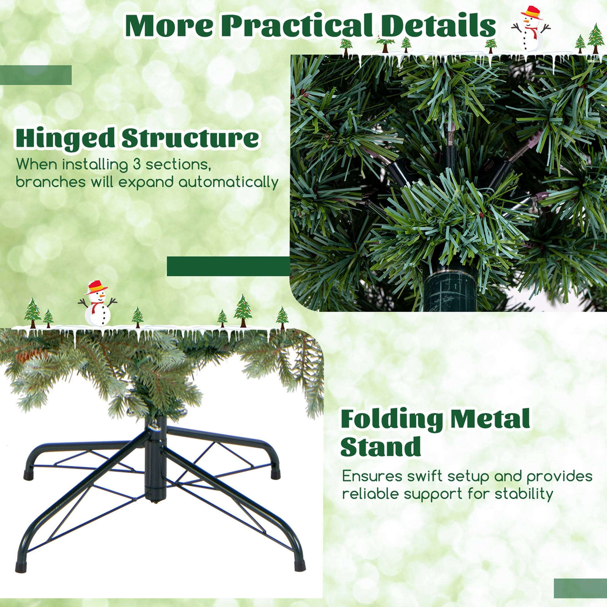 More Practical Details
Hinged Structure
When installing 3 sections, branches will expand automatically
Folding Metal Stand
Ensures swift setup and provides reliable support for stability