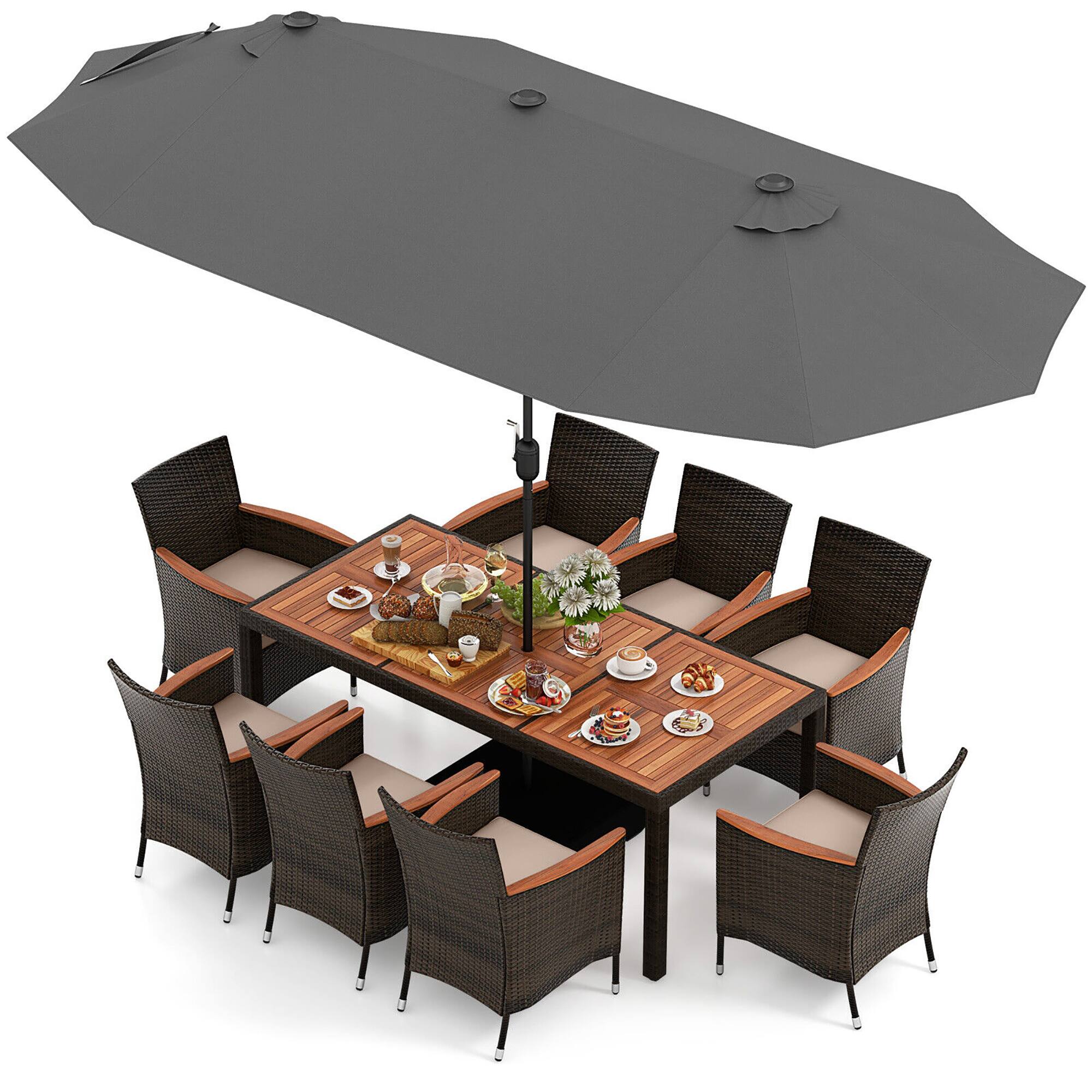 Front. Gymax - Gymax 9 Piece Patio Wicker Dining Set w/ Double-Sided Patio Grey Umbrella Stackable Chairs - Beige, Mix Brown, Grey.